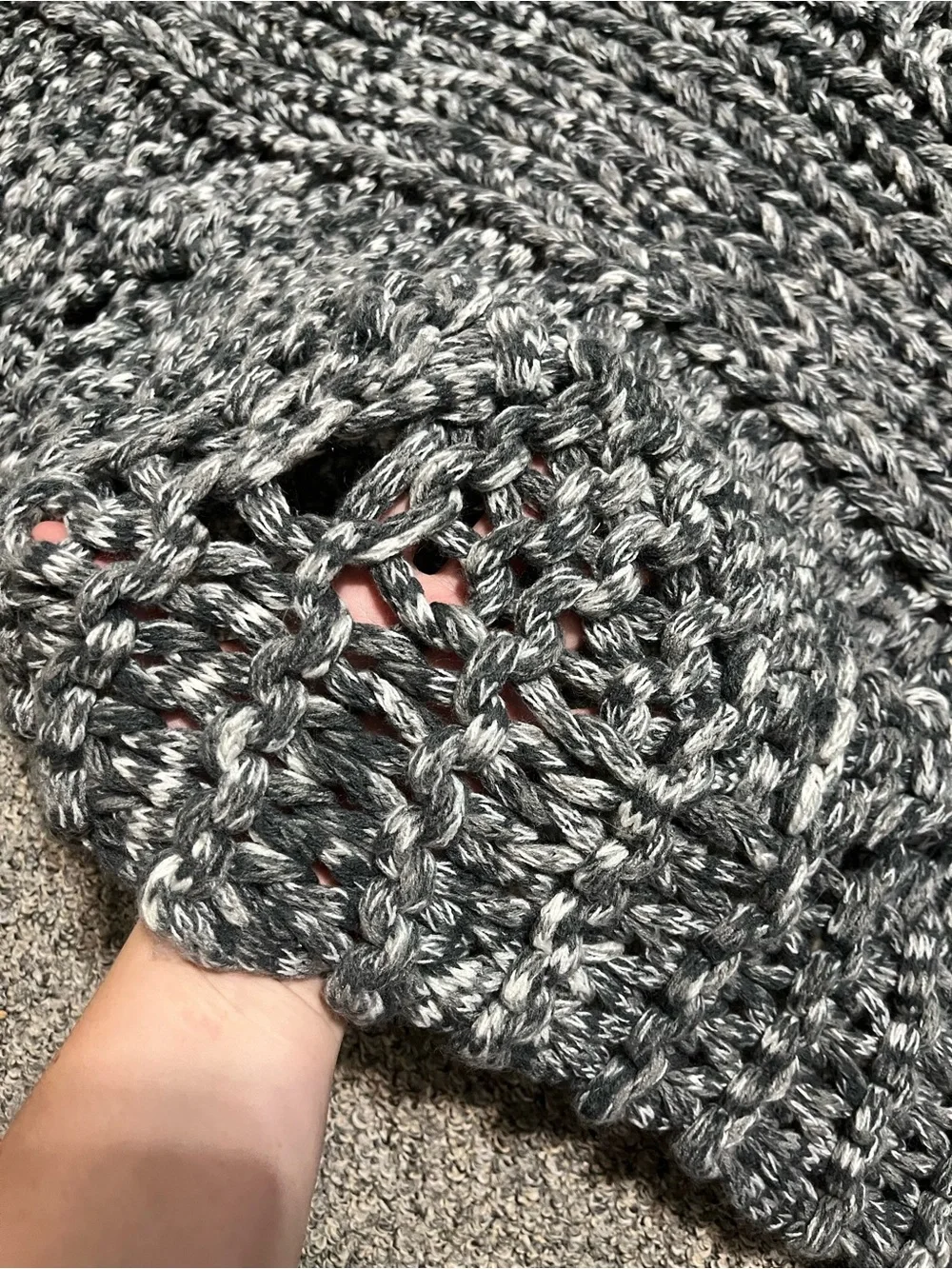 Pottery Barn Chunky Thick Throw Blanket Open Weave Knit Crochet Charcoal Marled